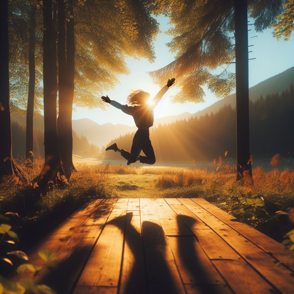 a person jumping with joy facing the sun in nature